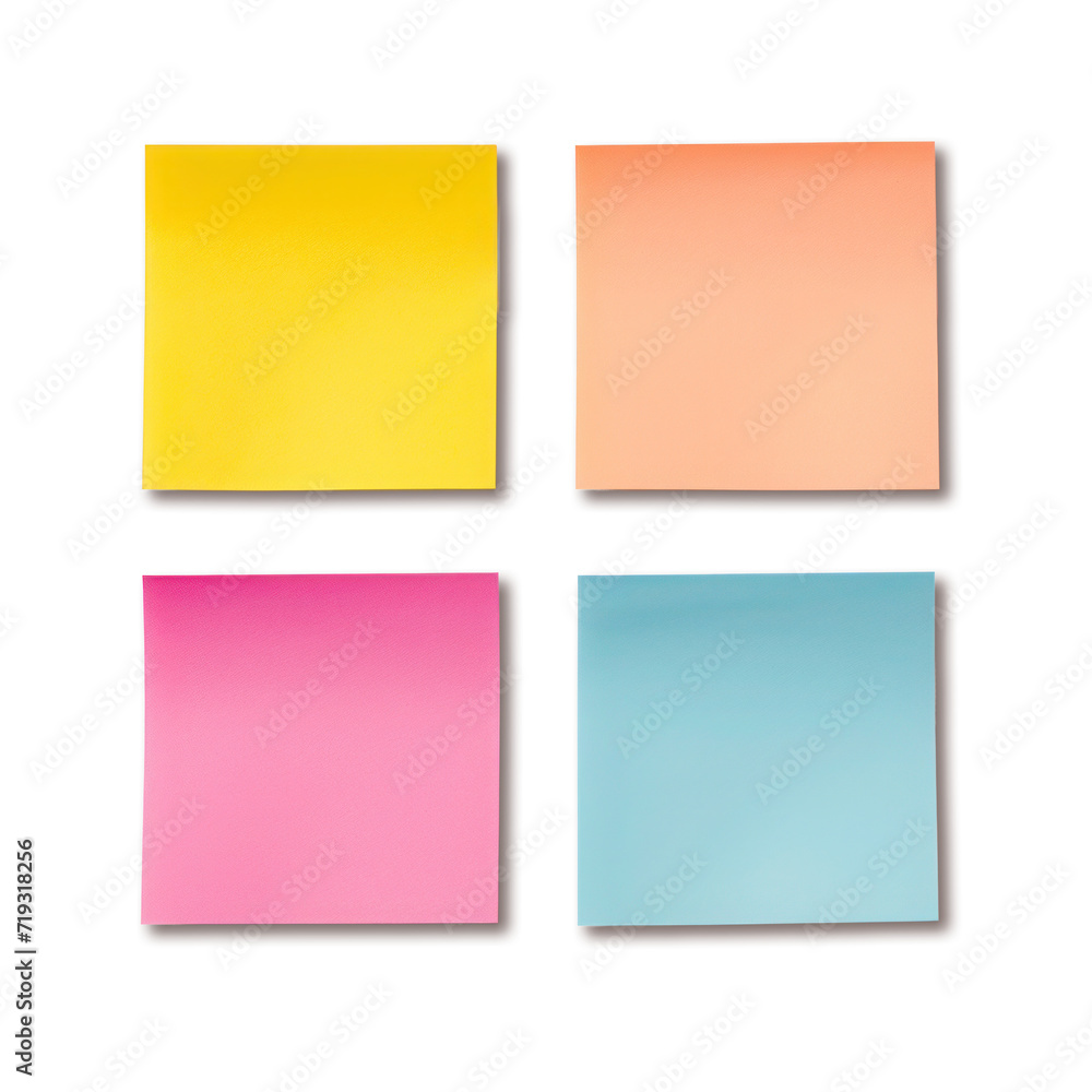Empty paper sheets for notes isolated on transparent background. Set of colored sticky notes