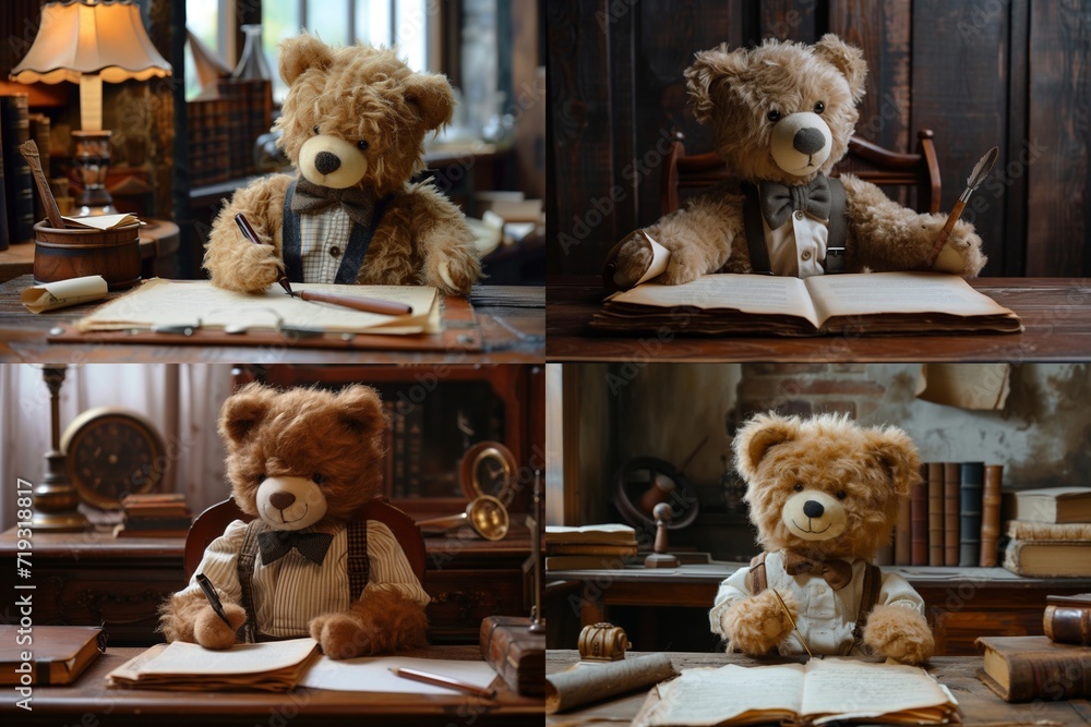 Dapper teddy bear dressed in a bow tie and suspenders seated at a wooden desk with a quill and parchment