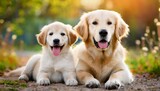 happy golden retriever puppy and adult dog on background