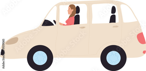 Female driver in beige car, concentrated on road while driving. Businesswoman in commute, maneuvering vehicle skillfully in traffic. Young woman navigating car with ease, hands on steering wheel