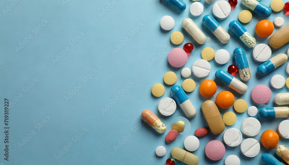 many pills on light blue background flat lay space for text many pills on light blue background flat lay space for text