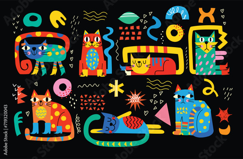 Collection with cute cats ,decorative abstract illustrations with colorful doodles, geometric shapes. Hand-drawn modern illustration with cats, flowers, abstract elements