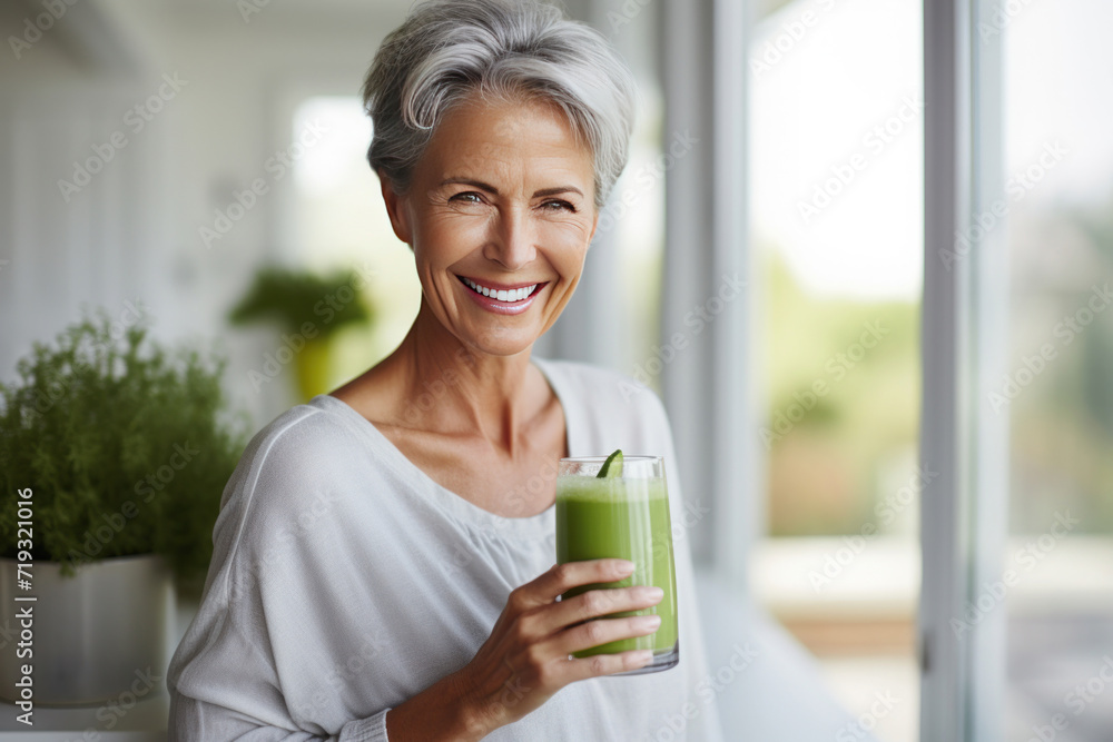 A healthy senior woman smiling while holding some green juice at home. A healthy senior woman smiling while holding some green juice at home.