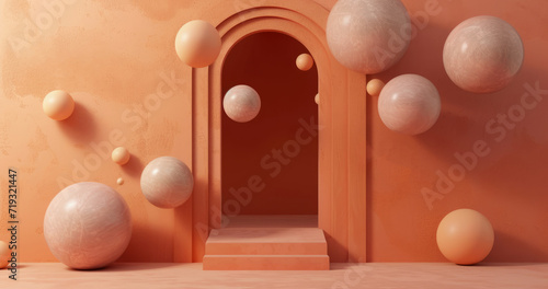 abstract door with sphere going outside pale orange, conceputal visual, thinking freedom box concrete sand