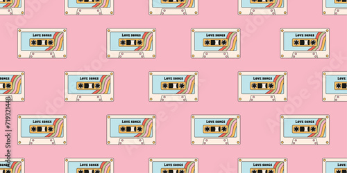 Vector seamless pattern with vintage cassette 80-90s. Retro cartoon music print 90s. 