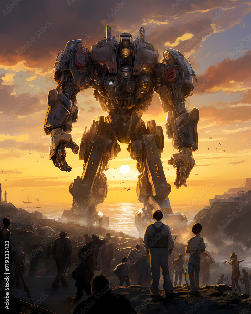 Fototapeta premium A new era unfolds as engineers master the art of intelligent mecha robots, working alongside scrapyard to restore balance - Generated by Generative AI