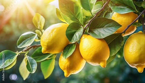 vibrant ripe lemon citrus fruits on a branch and sunny green leaves outdoor nature background