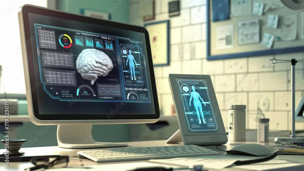 Discover a medical user interface with futuristic medicine infographics and dynamic health technology HUD elements. Artificial intelligence analyzes and displays medical data on a holographic screen. Discover a medical user interface with futuristic medicine infographics and dynamic health technology HUD elements. Artificial intelligence analyzes and displays medical data on a holographic screen.