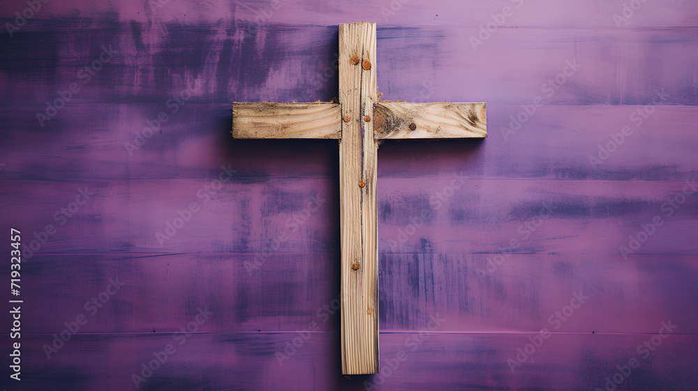 Christian cross. Violet background. Holy week.