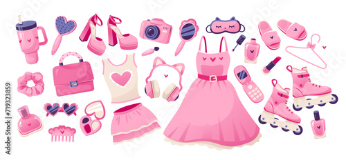 Barbiecore set with cute pink accessories and clothes. Glamorous things dolls. Vector illustration