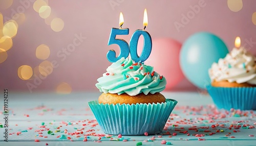 Birthday cupcake with burning lit candle with number 50. Number fifty for fifty years or fiftieth anniversary.
