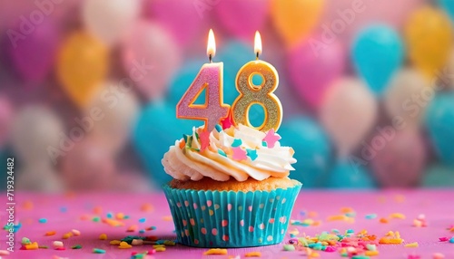 Birthday cupcake with burning lit candle with number 48. Number fourtyeight for fourtyeight years or fortyeighth anniversary. photo