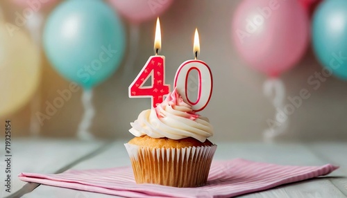 Birthday cupcake with burning lit candle with number 40. Number thirtynine for thirtynine years or thirtyninth anniversary. photo