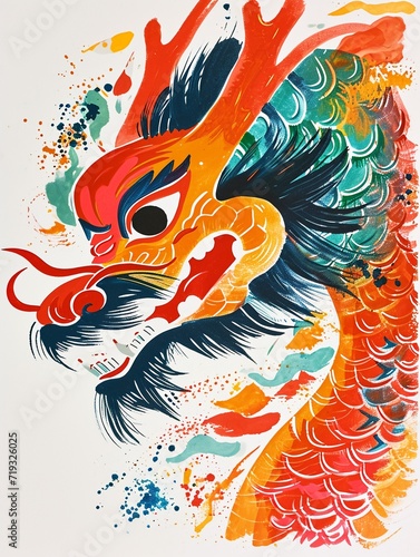 Chinese dragon head with colorful grunge textures. Vector illustration for your design. AI.