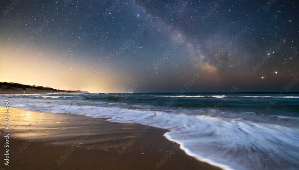 sea waves rolling onto sandy beach under starry sky at night