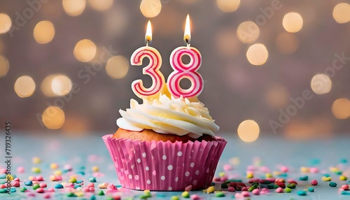 Birthday cupcake with burning lit candle with number 38. Number thirtyeight for thirtyeight years or thirtyeighth anniversary. photo