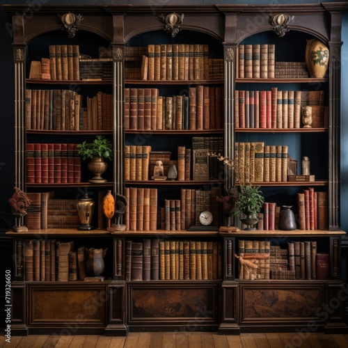 Abundant collection of antique books on a wooden shelf Ai generated