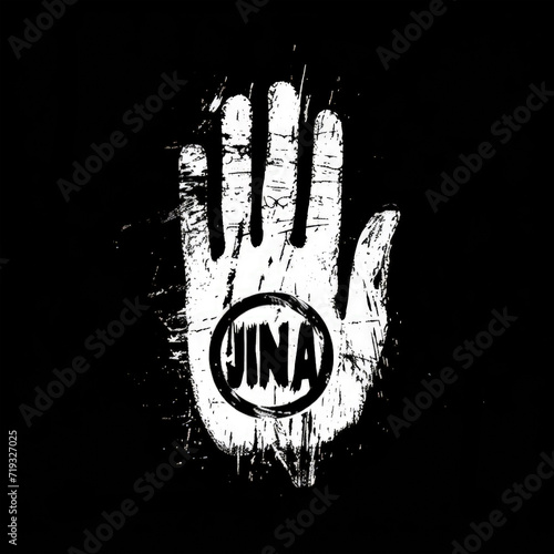 A crudely hand-drawn white and black palm the symbol of Jainism, with visible brush strokes on a solid black background. AI generated photo