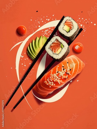 Different types of preparation for salmon, bluefin tuna, and avocado sushi .