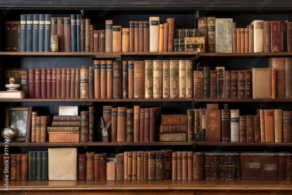 Abundant collection of antique books on a wooden shelf Ai generated Abundant collection of antique books on a wooden shelf Ai generated