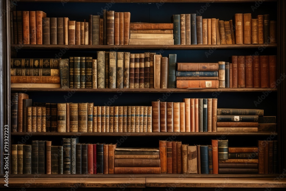 Abundant collection of antique books on a wooden shelf Ai generated Abundant collection of antique books on a wooden shelf Ai generated