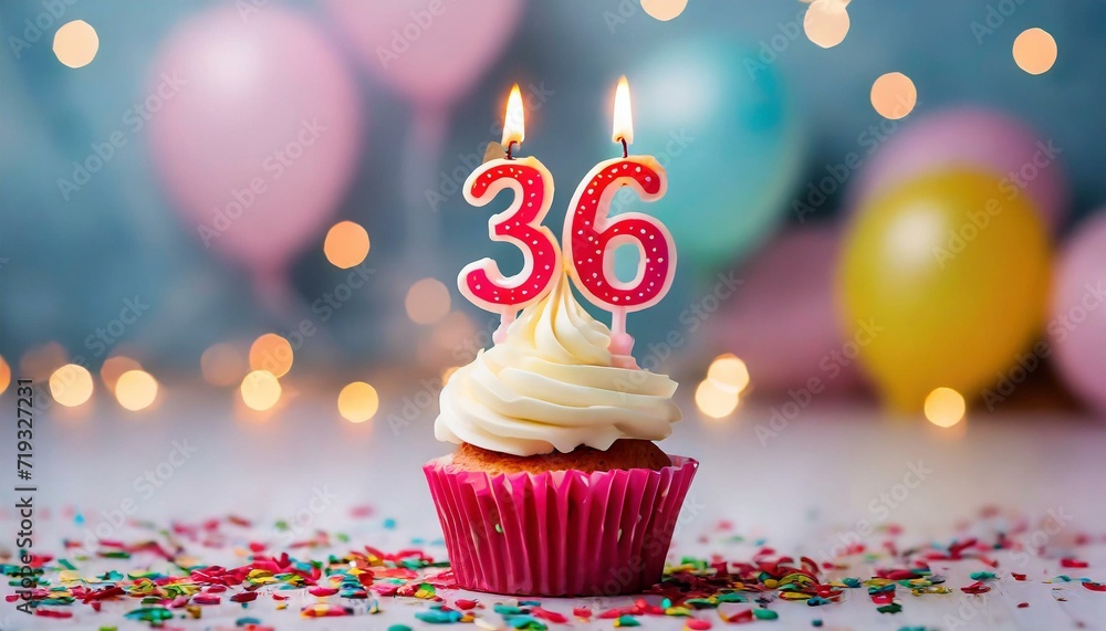 Birthday cupcake with burning lit candle with number 36. Number thirtysix for thirtysix years or thirtysixth anniversary.