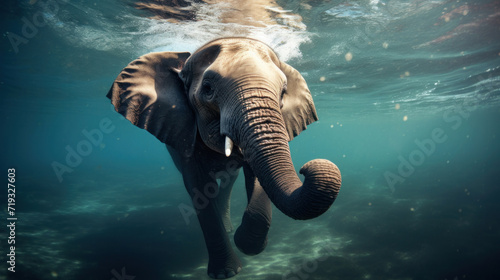 An elephant swiming in the ocean. © Wararat