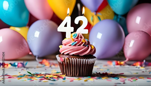 Birthday cupcake with burning lit candle with number 42. Number fortytwo for fortytwo years or fortysecond anniversary.
