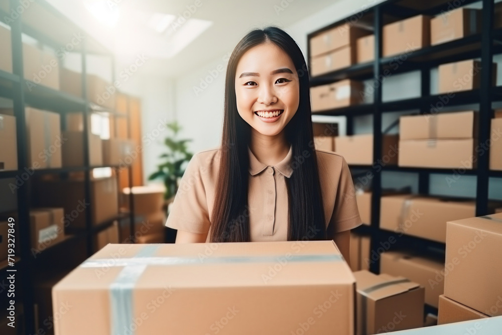 Asian happy woman at the office preparing boxes and delivering sales. Concept of Selling products online. Asian happy woman at the office preparing boxes and delivering sales. Concept of Selling products online.