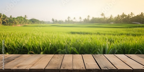 Empty wooden table with blurred morning paddy field in background for product display advertisement mock-up. photo