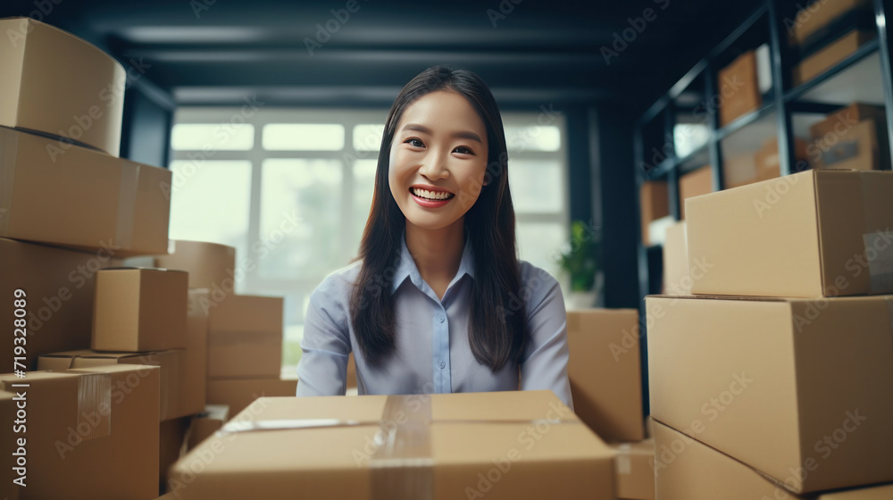 Asian happy woman at the office preparing boxes and delivering sales. Concept of Selling products online. Asian happy woman at the office preparing boxes and delivering sales. Concept of Selling products online.