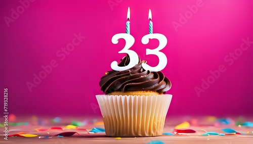Birthday cupcake with burning lit candle with number 33. Number thirtythree for thirtythree years or thirtythird anniversary. photo