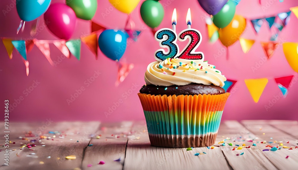 Birthday cupcake with burning lit candle with number 32. Number thirtytwo for thirtytwo years or thirtysecond anniversary.