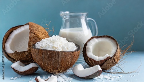 composition of food obtained from coconut coconut halves when opened coconut flakes coconut flesh and coconut milk on a light blue background culinary concept super healthy food side view