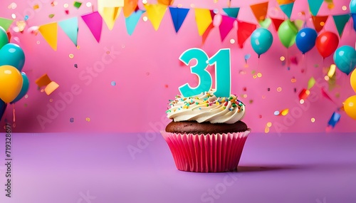 Birthday cupcake with burning lit candle with number 31. Number thirtyone for thirtyone years or thirtyfirst anniversary. photo