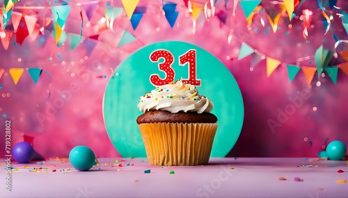 Birthday cupcake with burning lit candle with number 31. Number thirtyone for thirtyone years or thirtyfirst anniversary.