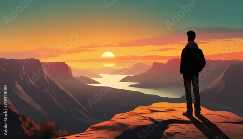 a wonderful landscape illustration at sunste man watching the horizon ai generated image photo