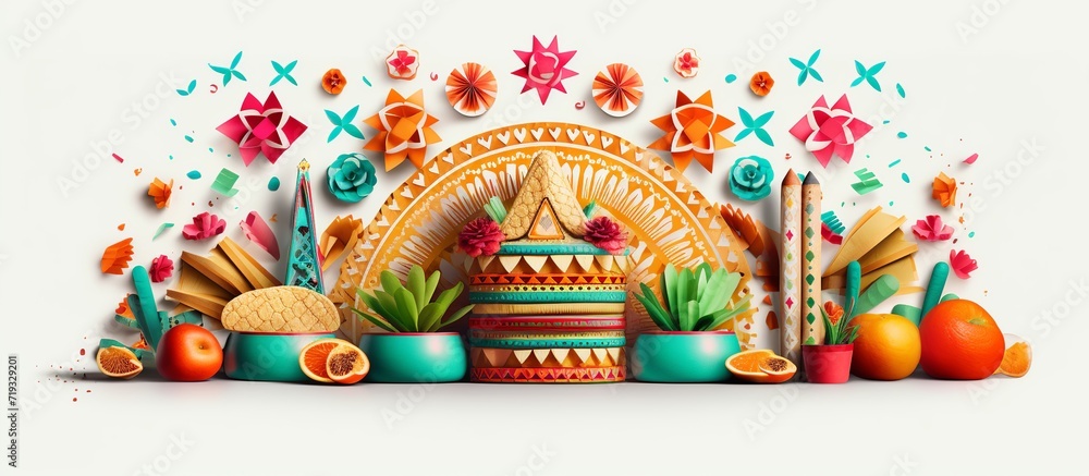 Mexican Cinco de Mayo holiday background with mexican cactus,guitars, sombrero hat, maracas, Bright yellow flat lay with traditional - obrazy, fototapety, plakaty 