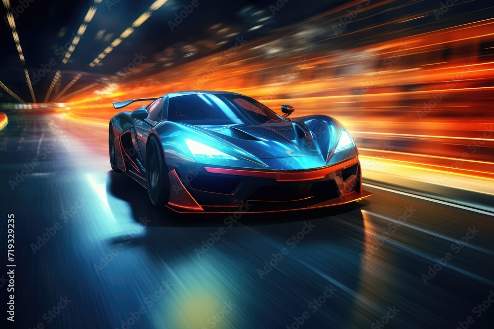 High speed Cars on the road in tunnels and light glowing Speeding Through the Light: Futuristic Sport non-existent concept Ai generated