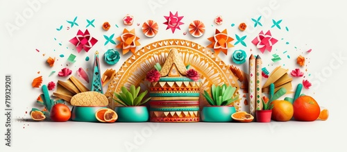 Mexican Cinco de Mayo holiday background with mexican cactus,guitars, sombrero hat, maracas, Bright yellow flat lay with traditional photo