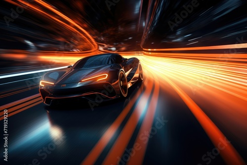 High speed Cars on the road in tunnels and light glowing Speeding Through the Light: Futuristic Sport non-existent concept Ai generated