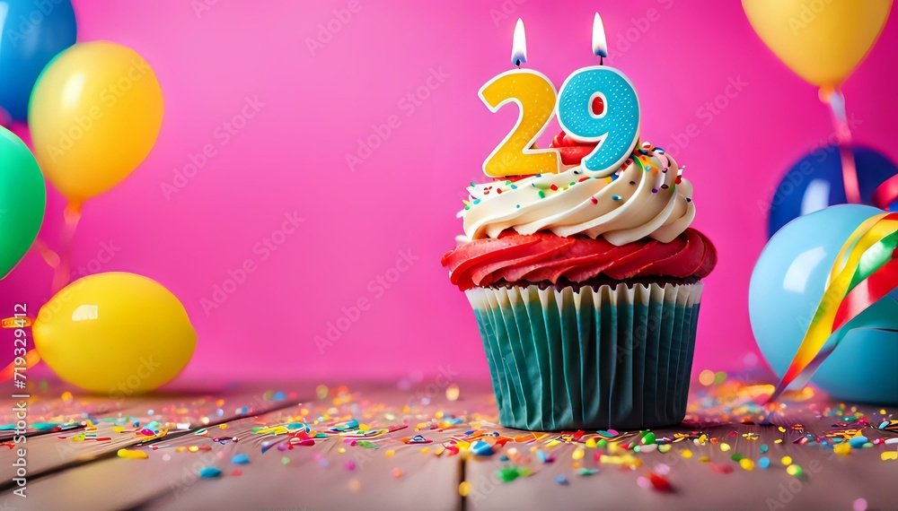 Birthday cupcake with burning lit candle with number 29. Number twentynine for twentynine years or twentynineth anniversary.