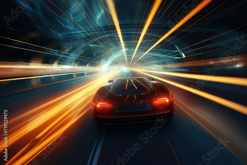 High speed Cars on the road in tunnels and light glowing Speeding Through the Light: Futuristic Sport non-existent concept Ai generated © Tanu