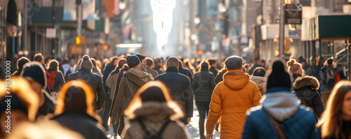 Back view of diverse pedestrians walking on a bustling city street bathed in golden hour light
