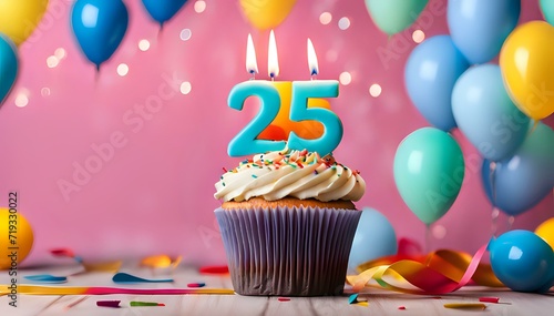 Birthday cupcake with burning lit candle with number 25. Number twentyfive for twentyfive years or twentyfifth anniversary. photo