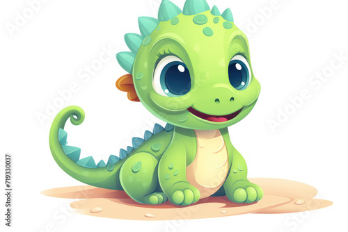 Cute 3D amusing little dinosaur with big eyes kids cartoon illustration isolated on white. Funny lovely dinosaur, hand drawn comic painting for package, postcard, brochure, book, greeting card © Happy Lab