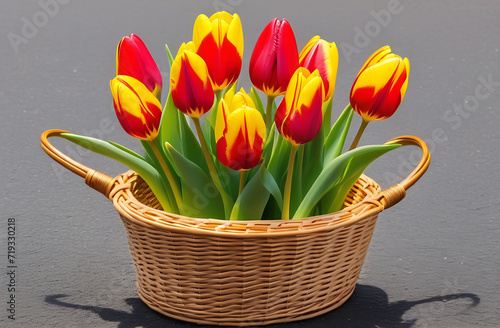 Yellow and red tulip flowers in a basket on the table. Holiday concept, postcards.
