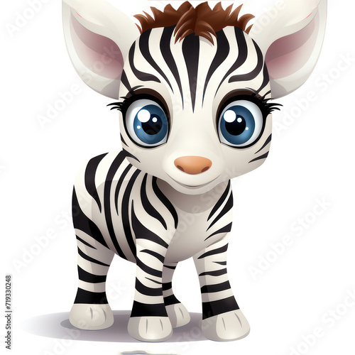 Cute 3D amusing little zebra with big eyes kids cartoon illustration isolated. Funny lovely zebra  hand drawn comic painting for package  postcard  brochure  book  greeting card