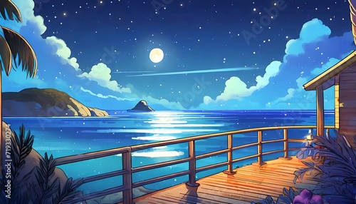 sea night anime background 2d illustration