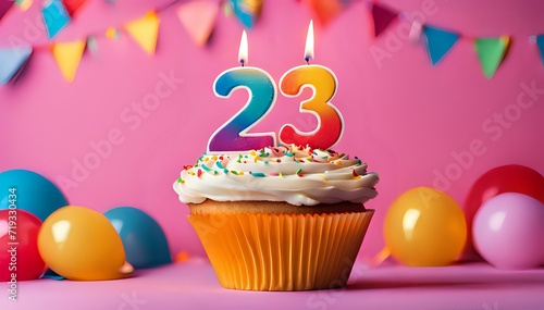 Birthday cupcake with burning lit candle with number 23. Number twentythree for twentythree years or twentythird anniversary. photo